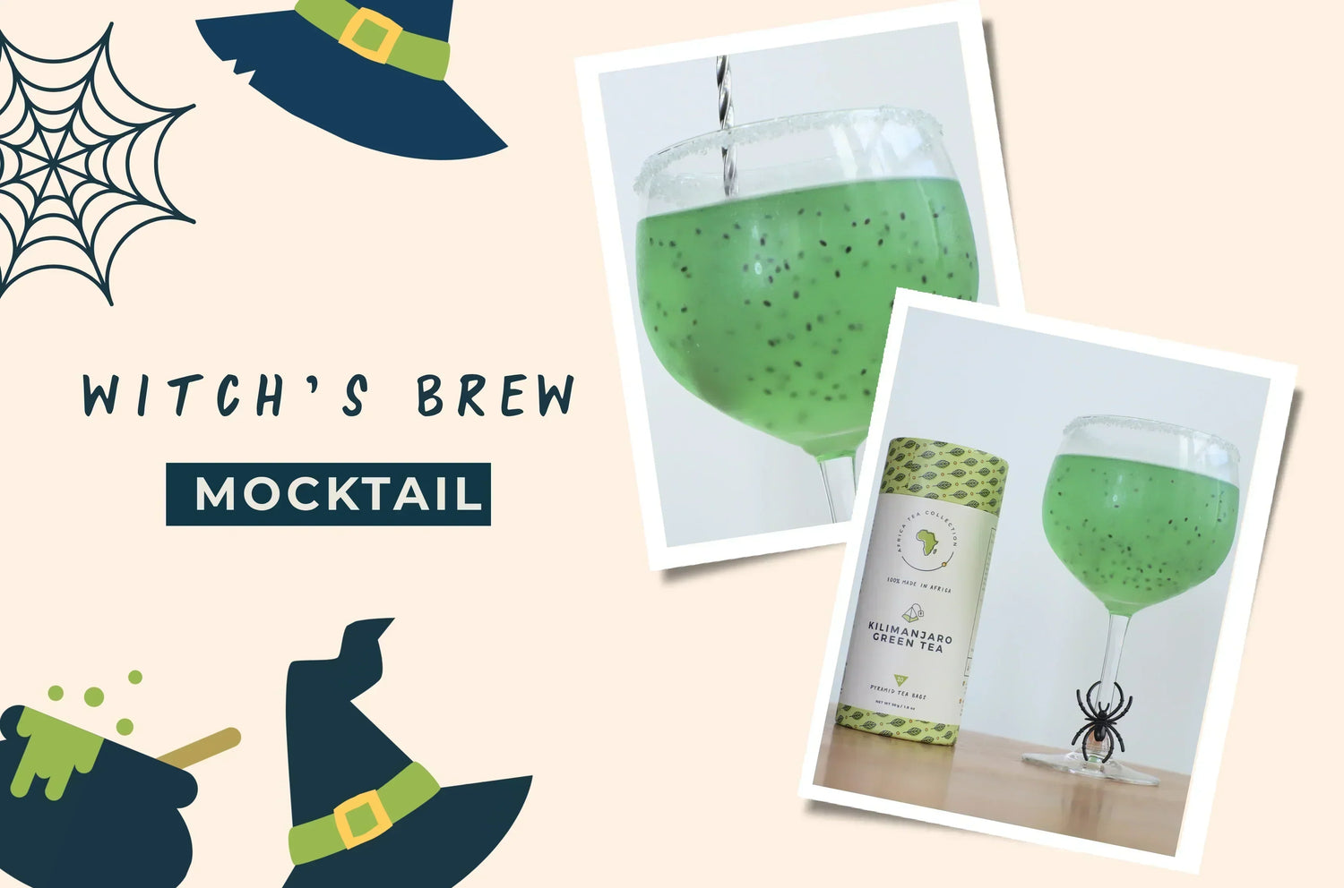 Green Witch’s Brew Mocktail in a glass with ice and basil seeds, made with Kilimanjaro Green Tea, spirulina, spinach juice, lemon juice, and sparkling water, perfect for Halloween.