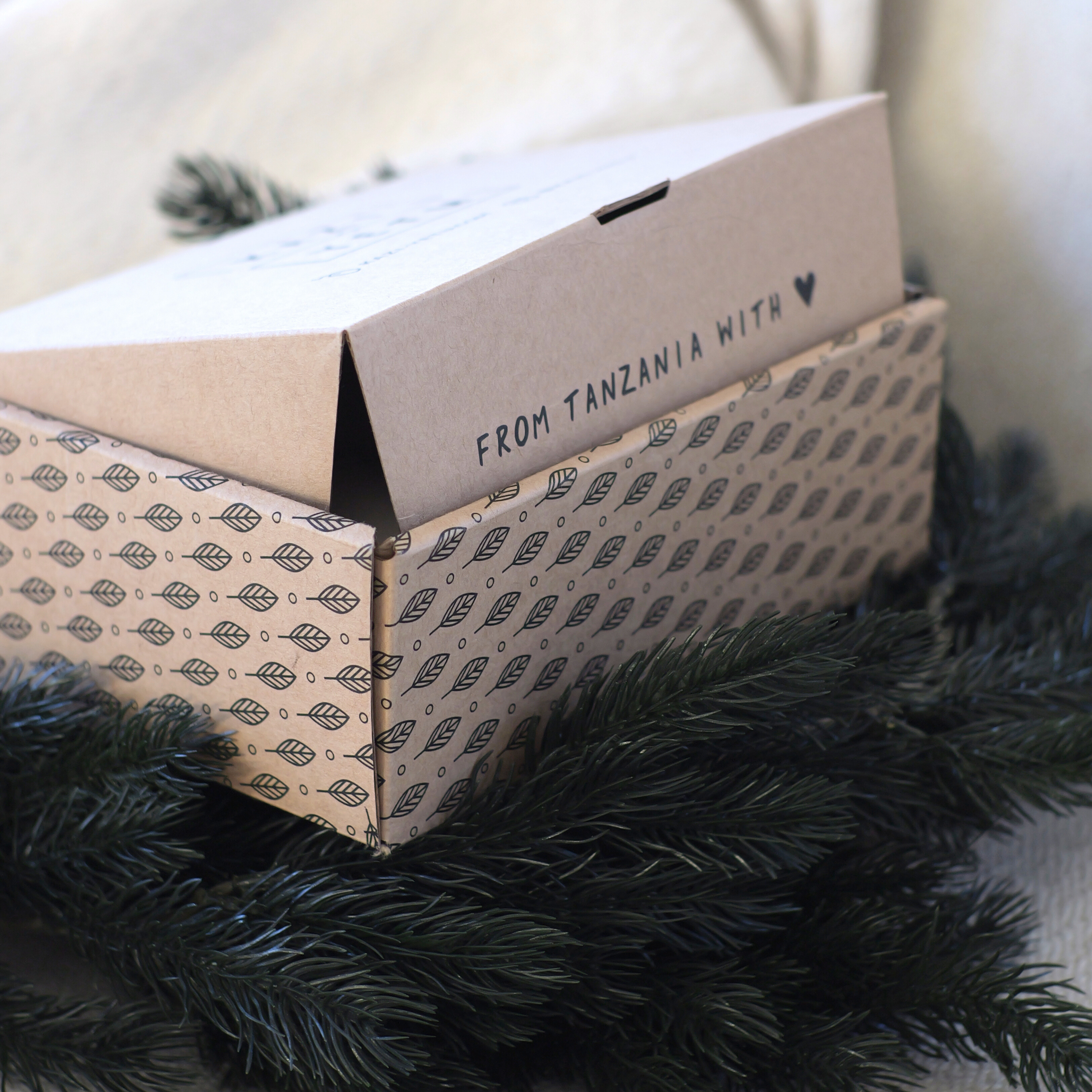Cardboard box with 'From Tanzania with Love' text on a textured surface