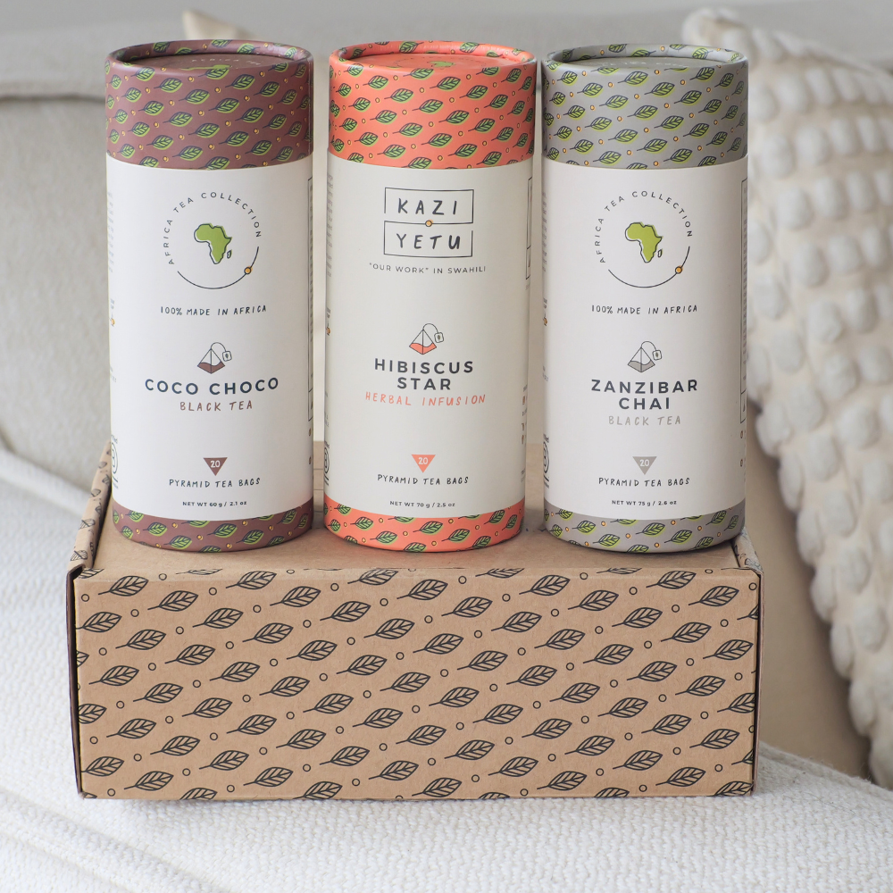 Kazi Yetu tea blends on a white background in a living room.