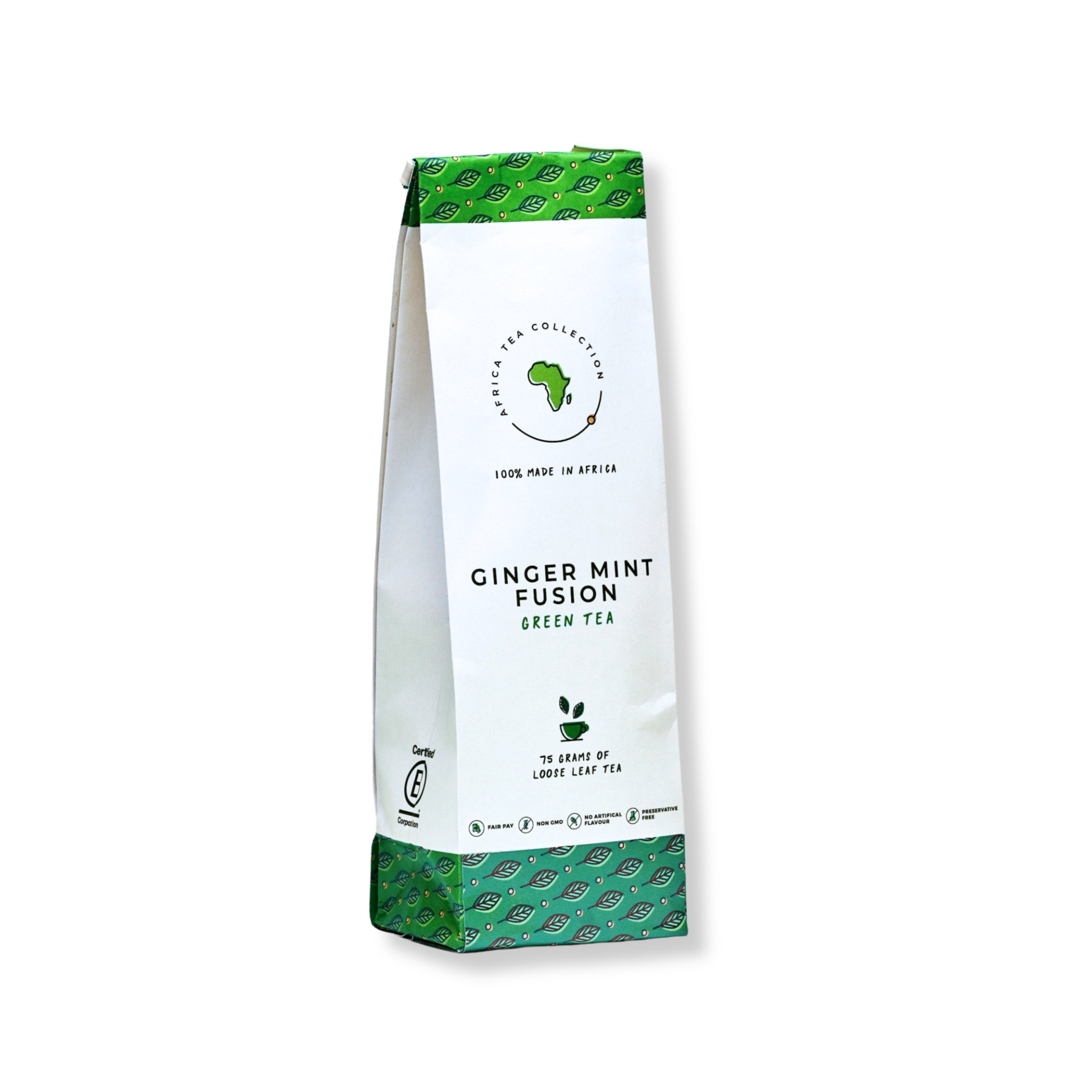 Ginger Mint Fusion green tea package on a white background