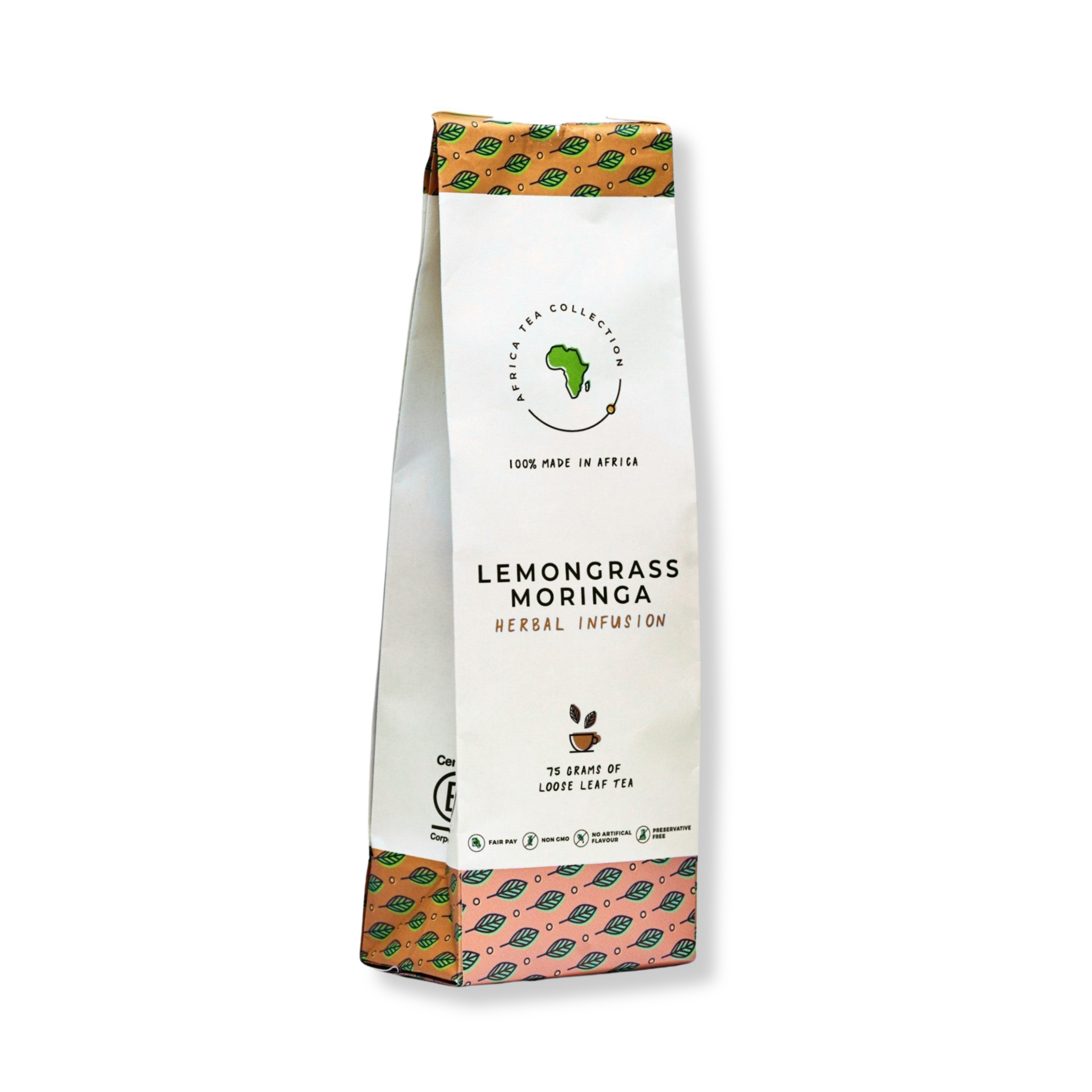 Tea package labeled 'Lemongrass Moringa' on a white background