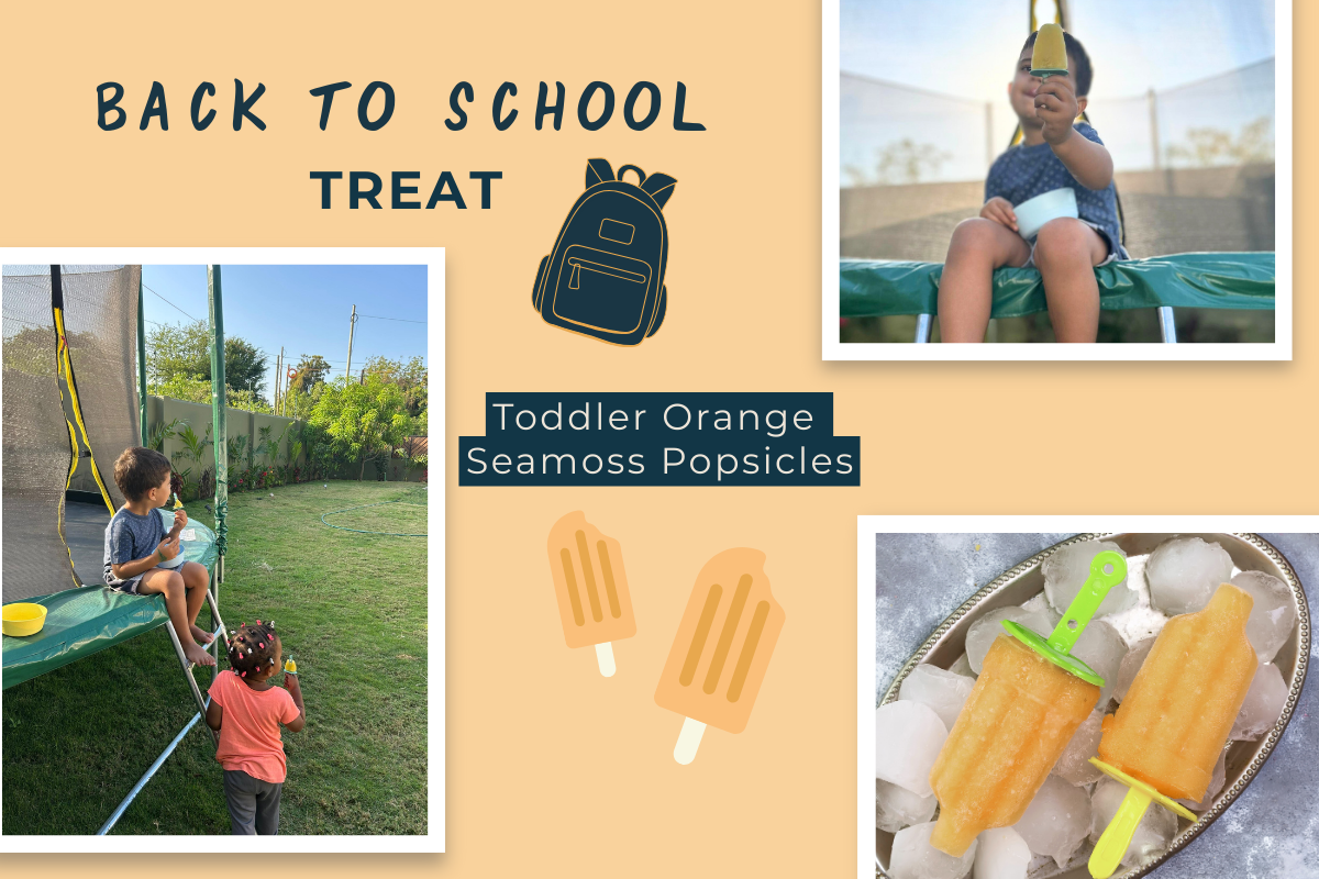 Collage showing the orange sea moss popsicle recipe with fresh ingredients, preparation steps, and the finished popsicles