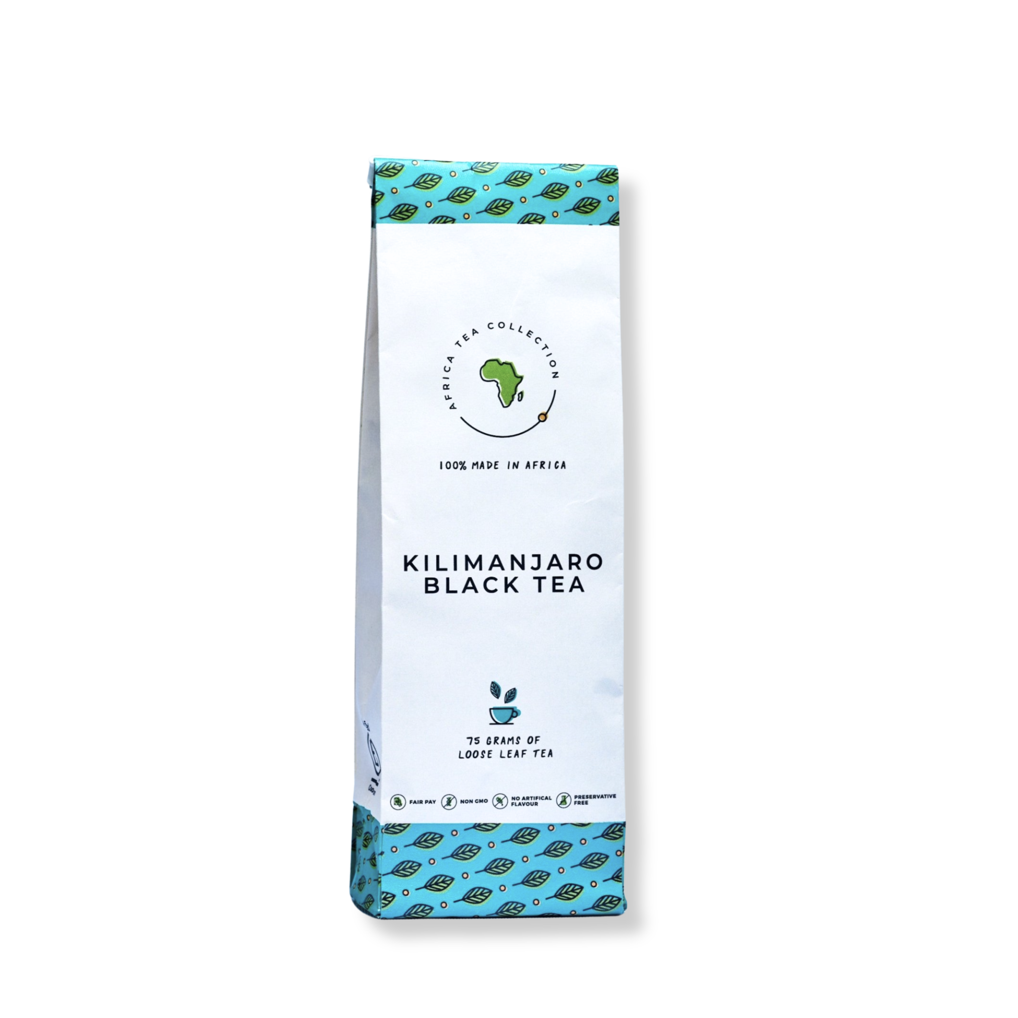 Kilimanjaro Black Tea package with blue and green design on a white background
