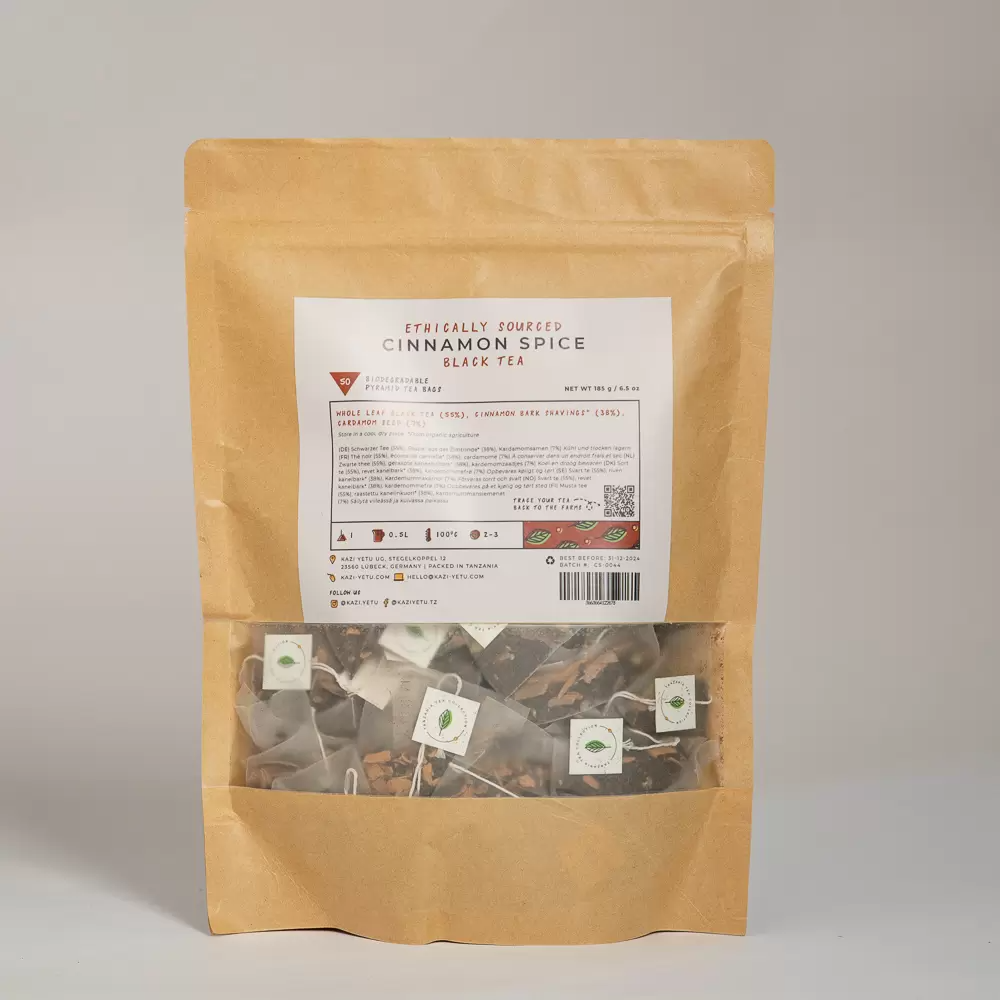 Product picture of handcrafted Cinnamon Spice black tea blend refill pack with biodegradable pyramid tea bags