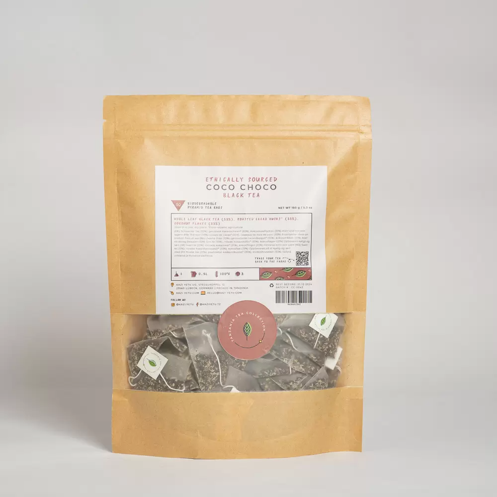 Product picture of handcrafted Coco Choco black tea blend refill pack with biodegradable pyramid tea bags