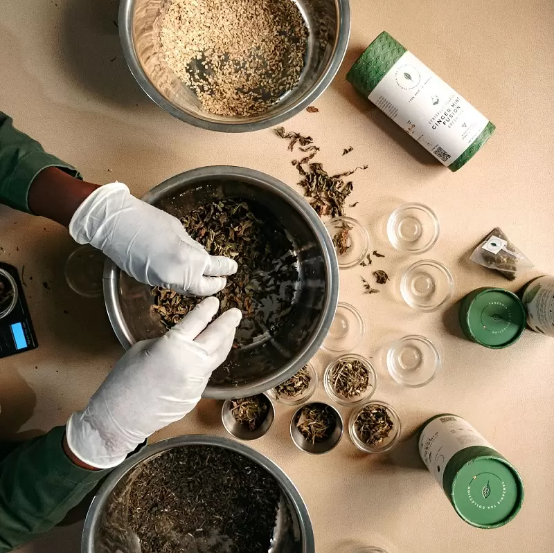 Factory workers hands blending Ginger Mint Fusion tea