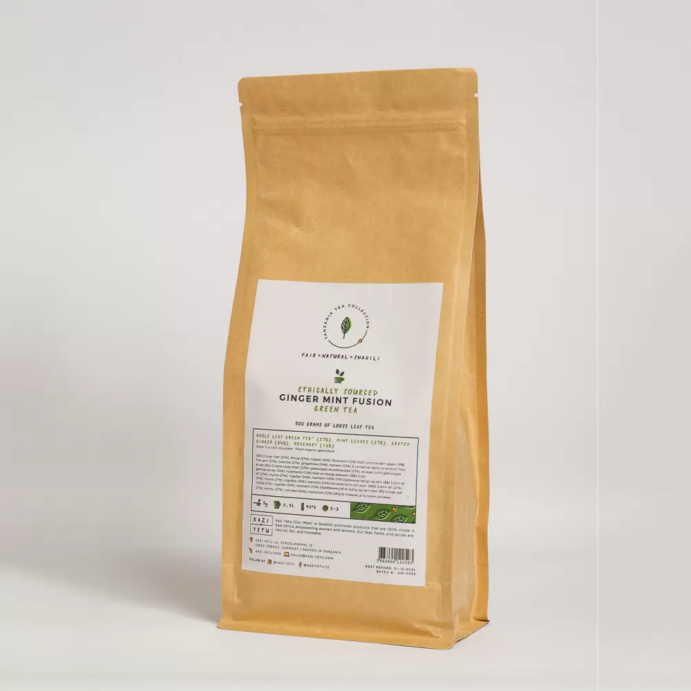 Product picture of handcrafted Ginger Mint Fusion tea blend 500 gram loose leaf paper bag