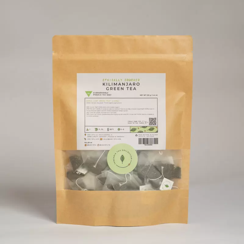 Product picture of organically farmed Kilimanjaro Green Tea refill pack with biodegradable pyramid tea bags