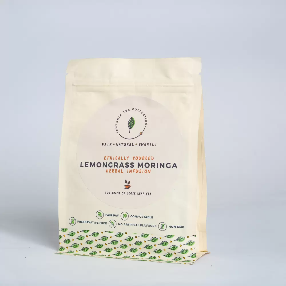 Product picture of Lemongrass Moringa herbal tea blend 100 gram loose leaf paper bag