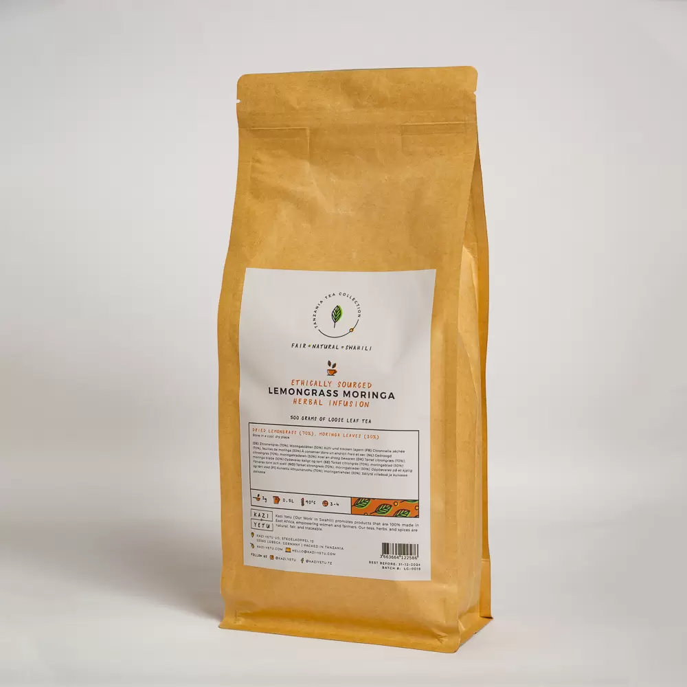 Product picture of Lemongrass Moringa herbal tea blend 500 gram loose leaf paper bag