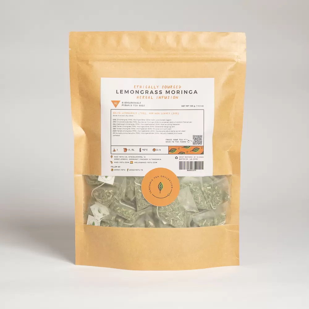 Product picture of Lemongrass Moringa herbal tea blend refill pack with biodegradable pyramid tea bags