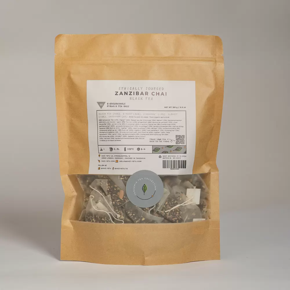 Product picture of authentic Zanzibar Chai black tea blend refill pack with biodegradable pyramid tea bags