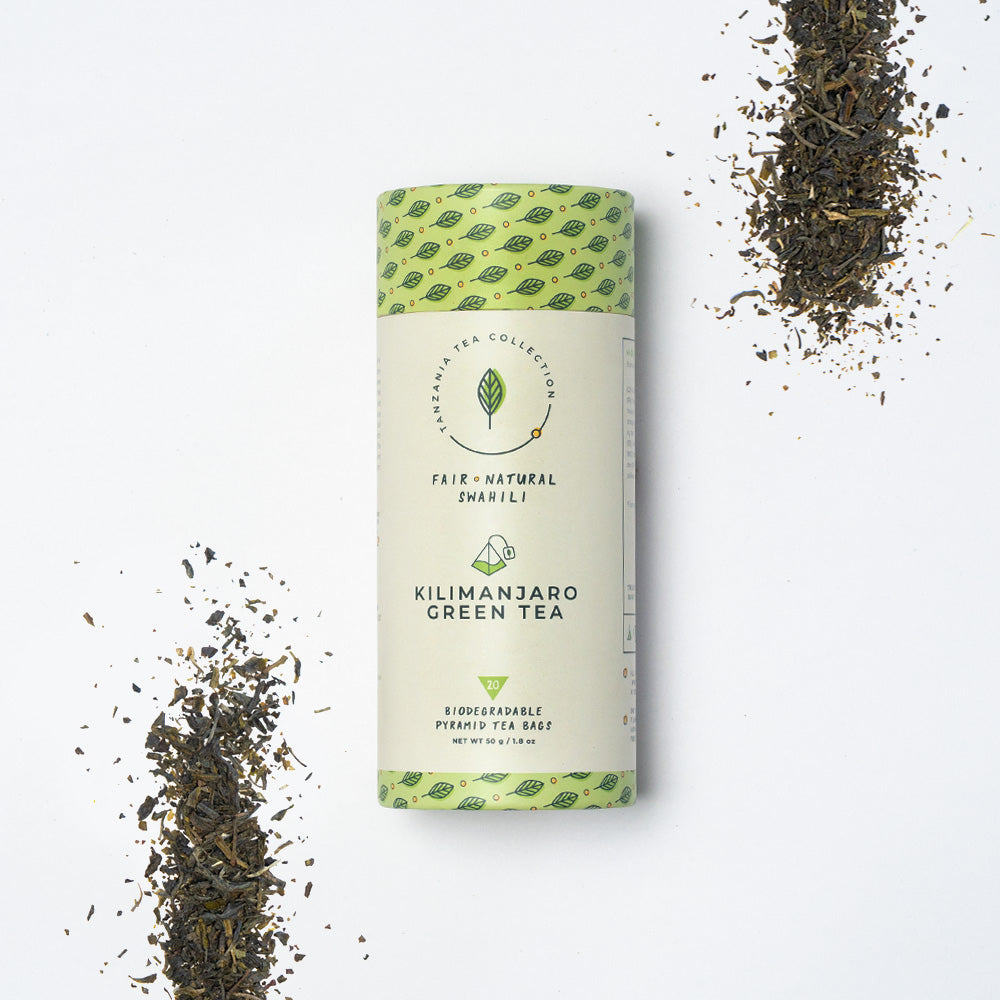 Product picture of handcrafted Kilimanjaro Green Tea pyramid tea bags in tube