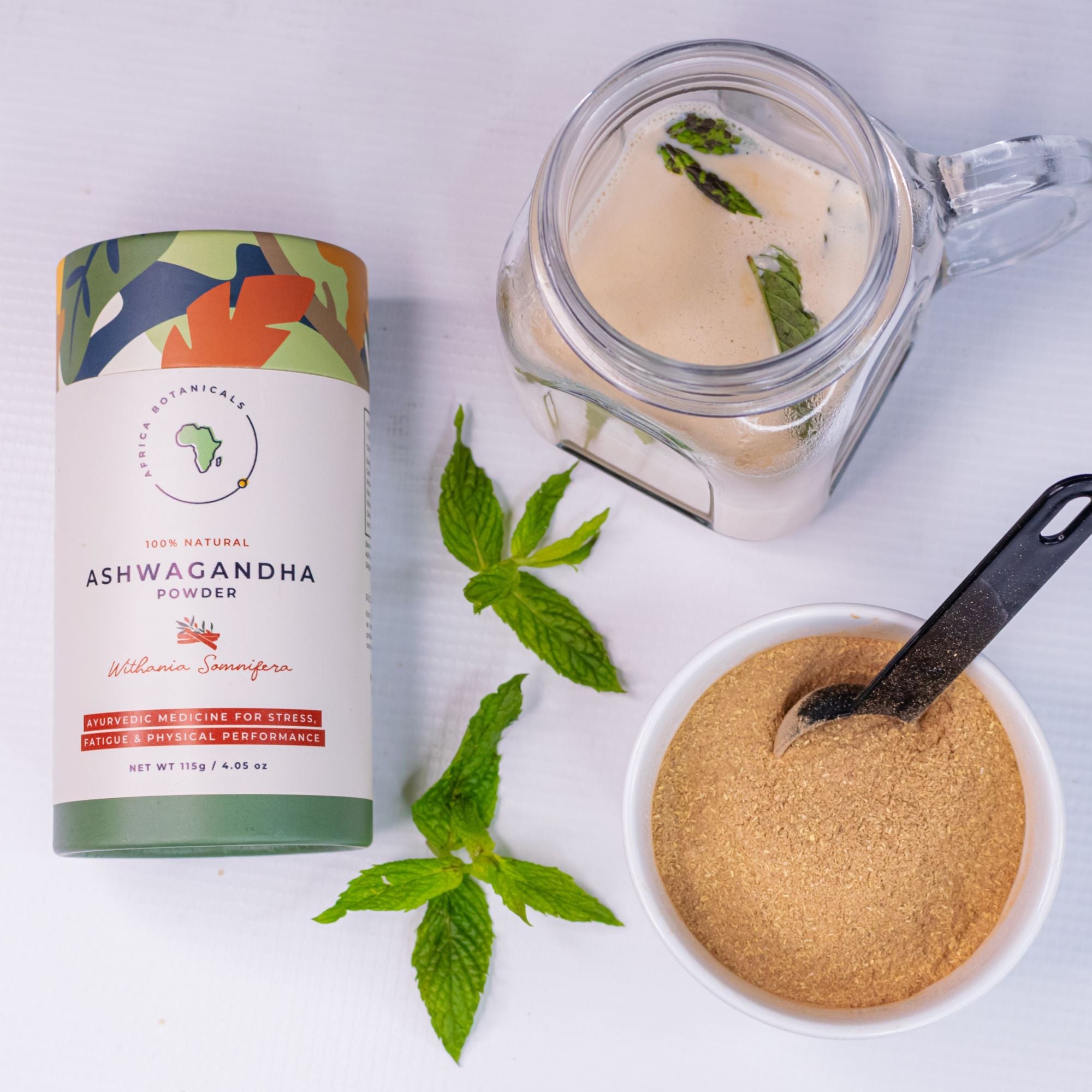 Africa Botanicals ashwagandha powder shown in bowl and smoothie