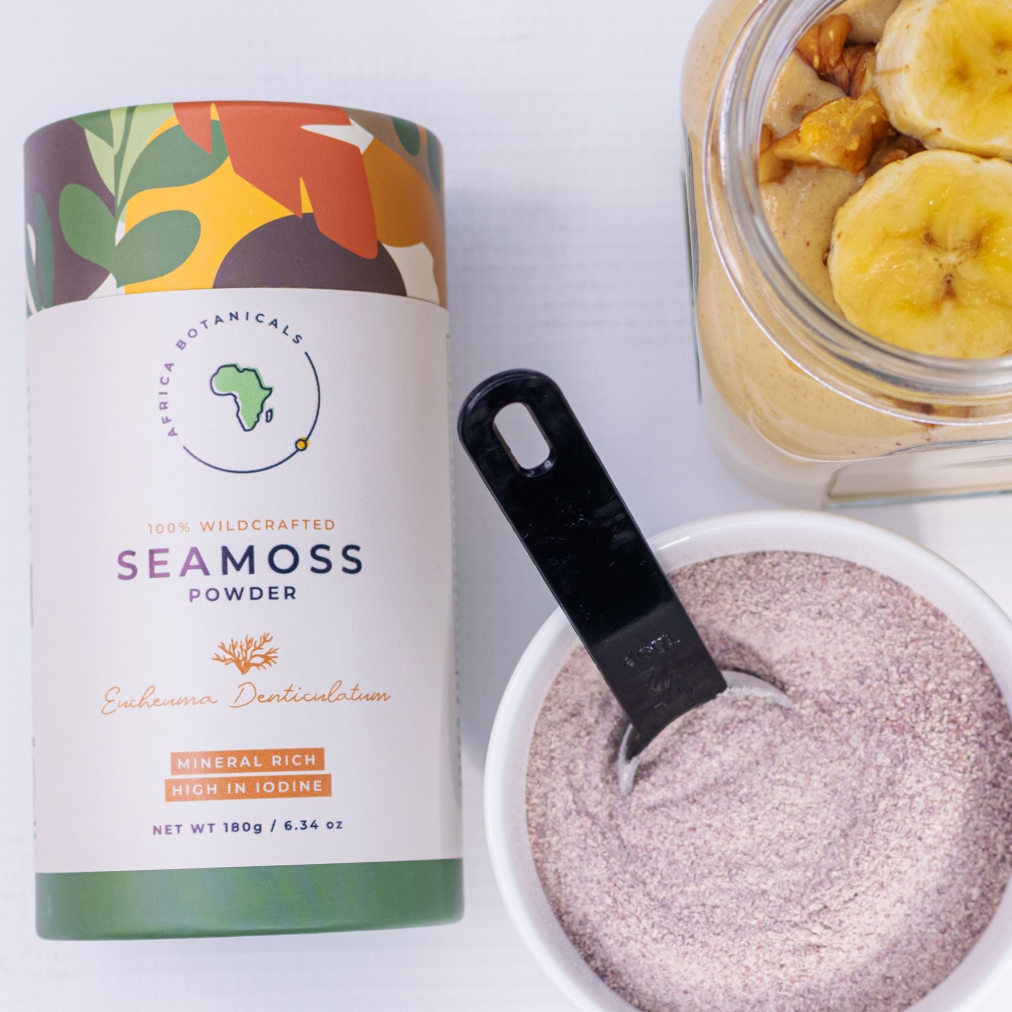 Africa Botanicals seamoss powder shown in bowl and smoothie