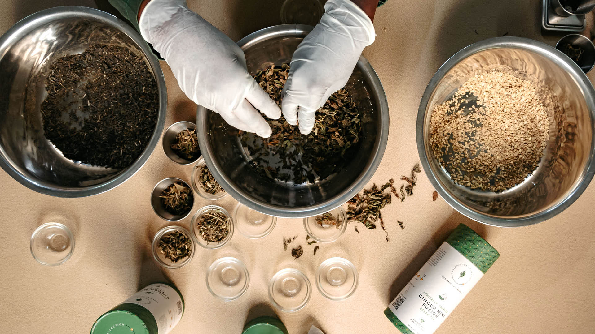 Hands sorting Ginger Mint Fusion tea blend from above